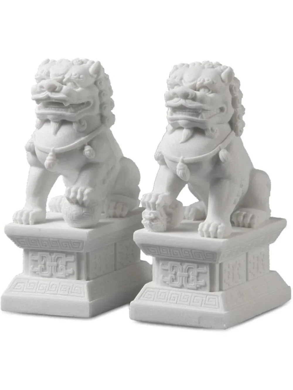 White Stone Jade Peking Foo Dogs Statues - Feng Shui Wealth Decor, 11cm